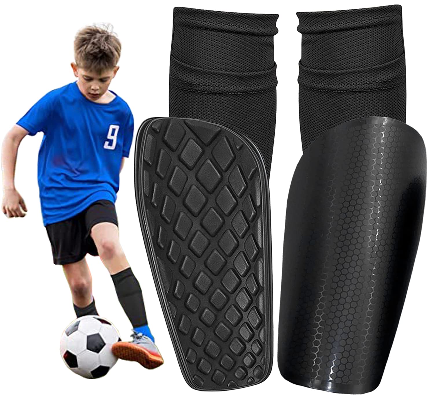 Kids Shin Pads Football Shin Guards with Avoid Slip Out Insert Pocket Calf Sleeves for Boys Grils Age 5-12 Youth Adults Soccer Protective Equipment (Black, Medium), M (7.28 x 3.54in)