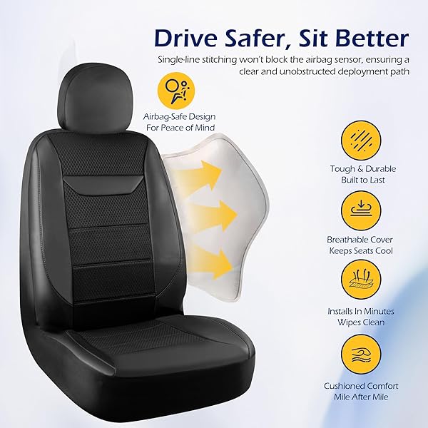KINGPHENIX 2 PACK FRONT MEMORY FOAM LEATHER CAR SEAT COVERS, BREATHABLE 4D MESH, EASY INSTALL AUTOMOTIVE SEAT PROTECTORS, AIRBAG COMPATIBLE, UNIVERSAL FIT FOR CARS, TRUCKS, VANS, SUV – BLACK