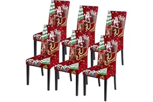 SearchI Christmas Chair Covers Set of 6, Stretch Xmas Kitchen Chair Cover Removable Washable Holiday Parsons Chair Slipcovers for Dining Room, Christmas Decoration, Ceremony(Santa Claus+Elk)