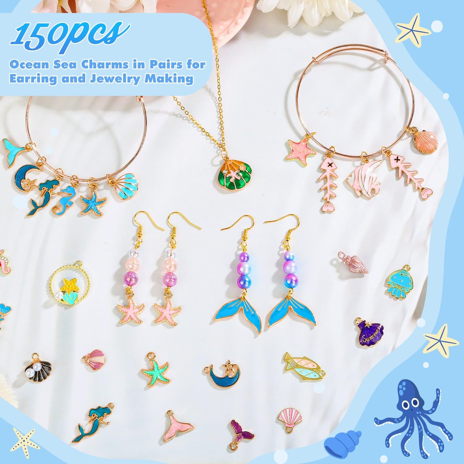 Acejoz 150 Pcs Ocean Beach Sea Charms for Jewelry Making and Bracelets, Assorted Summer Sea Shell Charms Bulk for Earring Necklace Bracelet Jewelry Making and Crafting