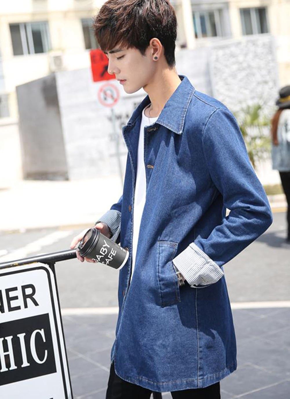 Amazon Piite メンズ デニム コート 無地 シンプル ゆったり デニム ジャケット カジュアル シンプル ジージャン 春 秋 ロング アウター おしゃれ スタイリッシュ トレンチコート 韓国風 スプリングコート コート ジャケット 通販