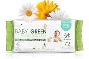 YUGI BABY GREEN Yugi Green Baby Wipes – Unscented, Compostable, Biodegradable, Plant-Based, Fragrance-Free, for Sensitive Skin & Babies – 1 Pack of 72 (72Count)