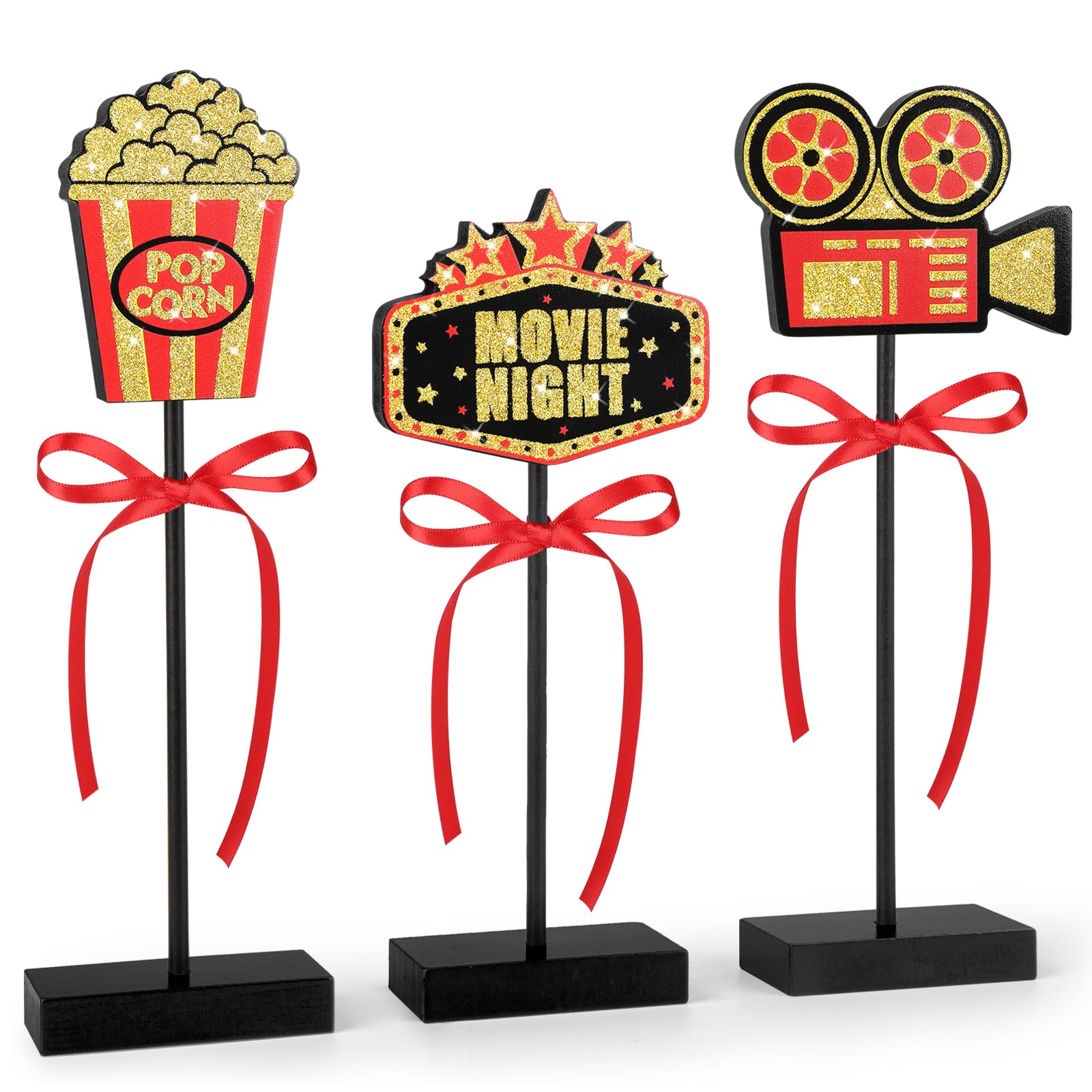 Photo 1 of 3 Pcs Movie Night Table Decorations Popcorn Projector Wooden Signs for Cinema Movie Time Birthday Party Decor (Shiny)