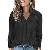 VISLILY Womens-Plus-Size-Tops Collared V Neck Polo Shirts Lightweight Long Sleeve Sweaters Trendy Pocket Decor Tunic Blouses
