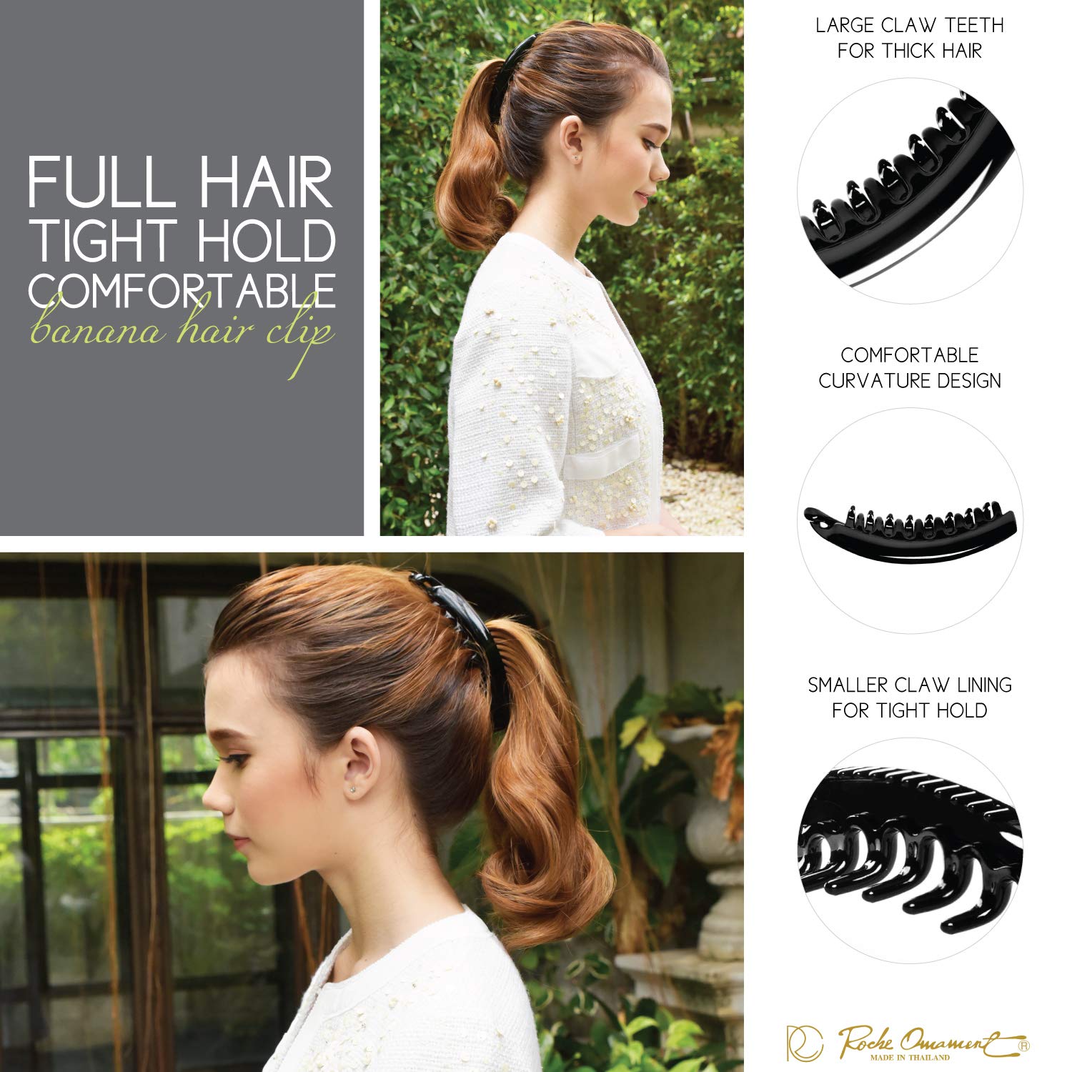 RC ROCHE ORNAMENT 6 Pcs Womens Premium Hair Plastic Banana Classic Clincher Strong Hold Ponytail Maker Styling Girls Ladies Beauty Accessory Clasp Clip, Large Black : Beauty