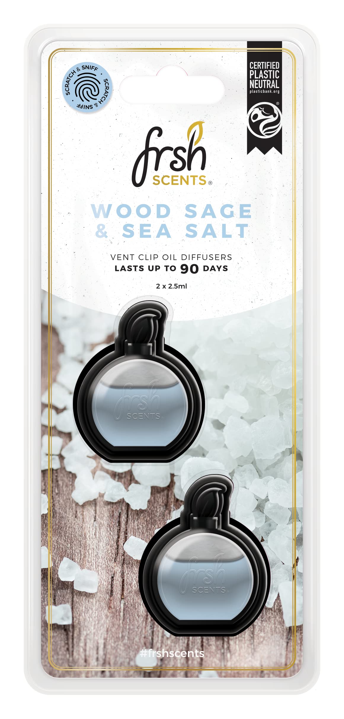 FRSH Scents FR9125 Wood Sage & Sea Salt x2 Mini Vent Clip Deluxe Diffuser Air Freshener - Lifespan of Upto 90 Days - Ideal for Any Sized Car Vent