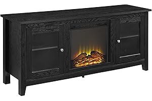 Walker Edison Rustic Wood and Glass Fireplace TV Stand for TV's up to 64" Flat Screen Living Room Storage Cabinet Doors and Shelves Entertainment Center, 58 Inch, Black
