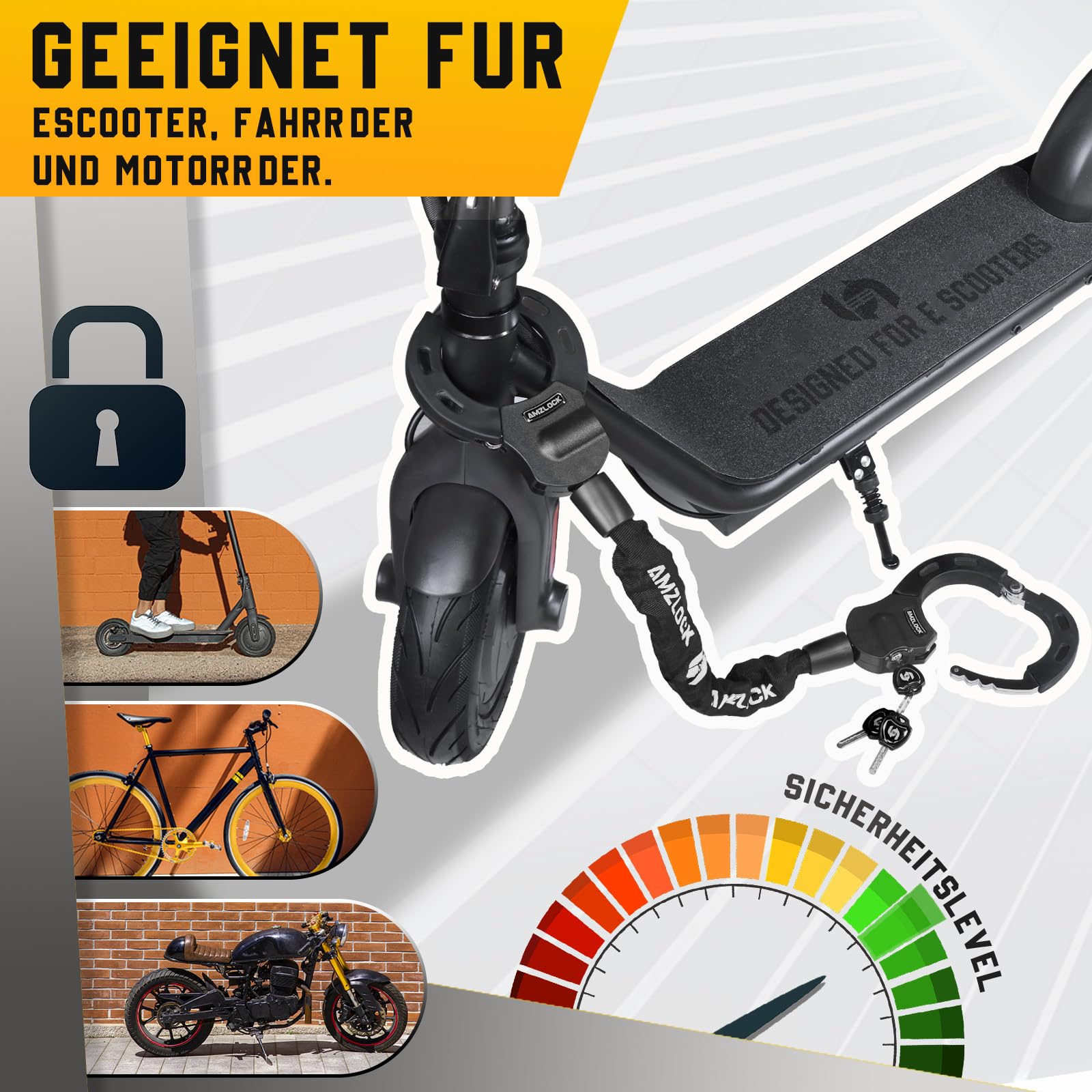 AMZLOCK E Scooter Schloss mit Tasche | 8mm Dicke Kettenschloss | Handschellenschloss für E Scooter | mit 3 Schlüsseln | 1.6kg/75cm Hochsicherheitsschloss 7