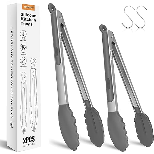 FINENUT Stainless Steel&Silicone Food Tongs Set of 2 (9+12 Inch)-BPA-Free&Non-Toxic Heat Resistant Non-Scratch BBQ&Cooking Tools,Strong Grip Locking for Grilling,Air Fryer,Salad,Dishwasher Safe (Gray)