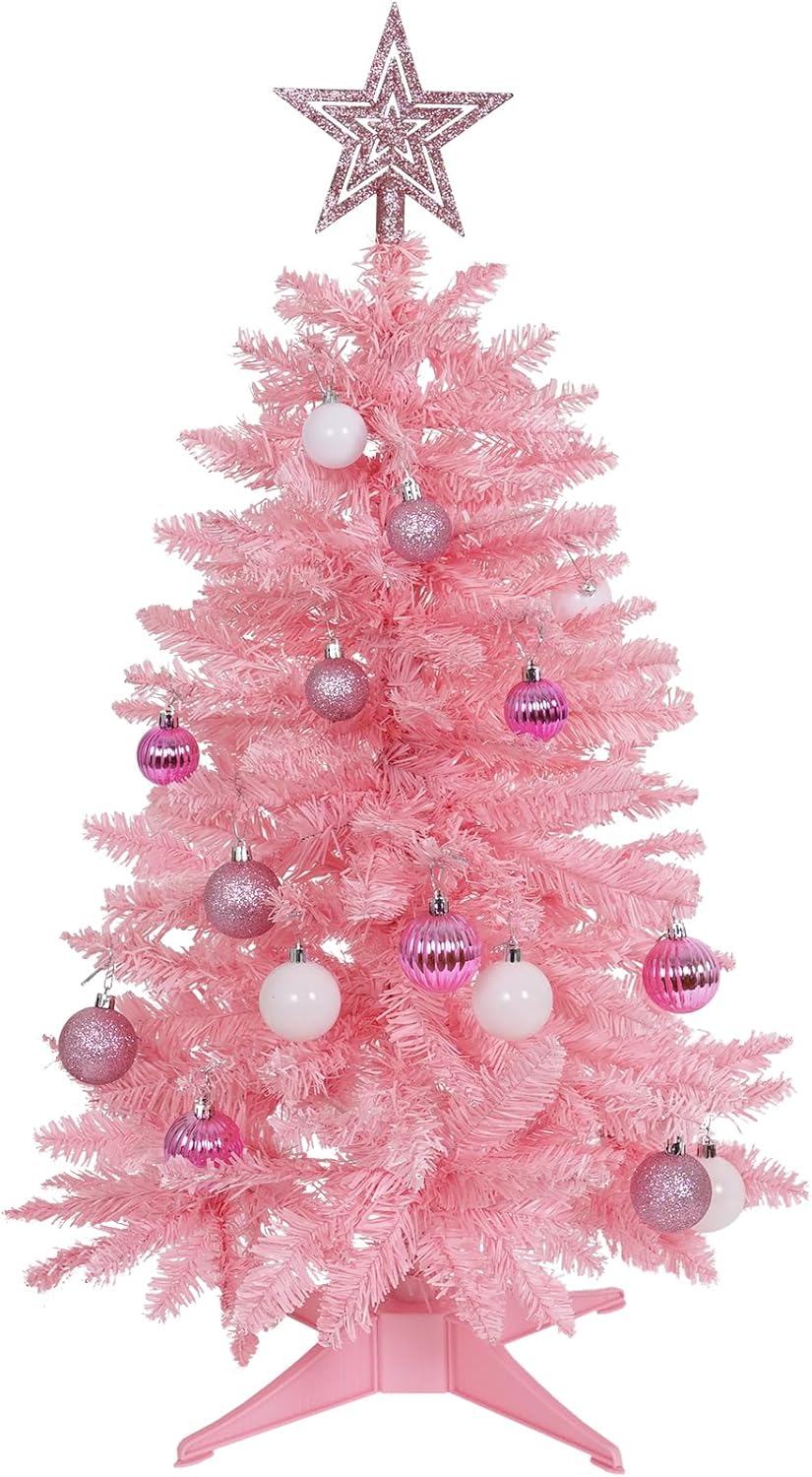 Trees - Sunshine Pink Christmas Tree with Light 3ft Artifical Full Christmas Tree with Christmas Ball Onaments & Star Xmas Tree for Holiday Decor