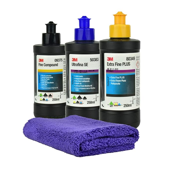 3M 09375 Fine Compound 250ml + 3M 50383 Ultrafiner Compound 250ml + 80349 Extra Fine Plus 250ml + Gloss Microfiber Polier- un