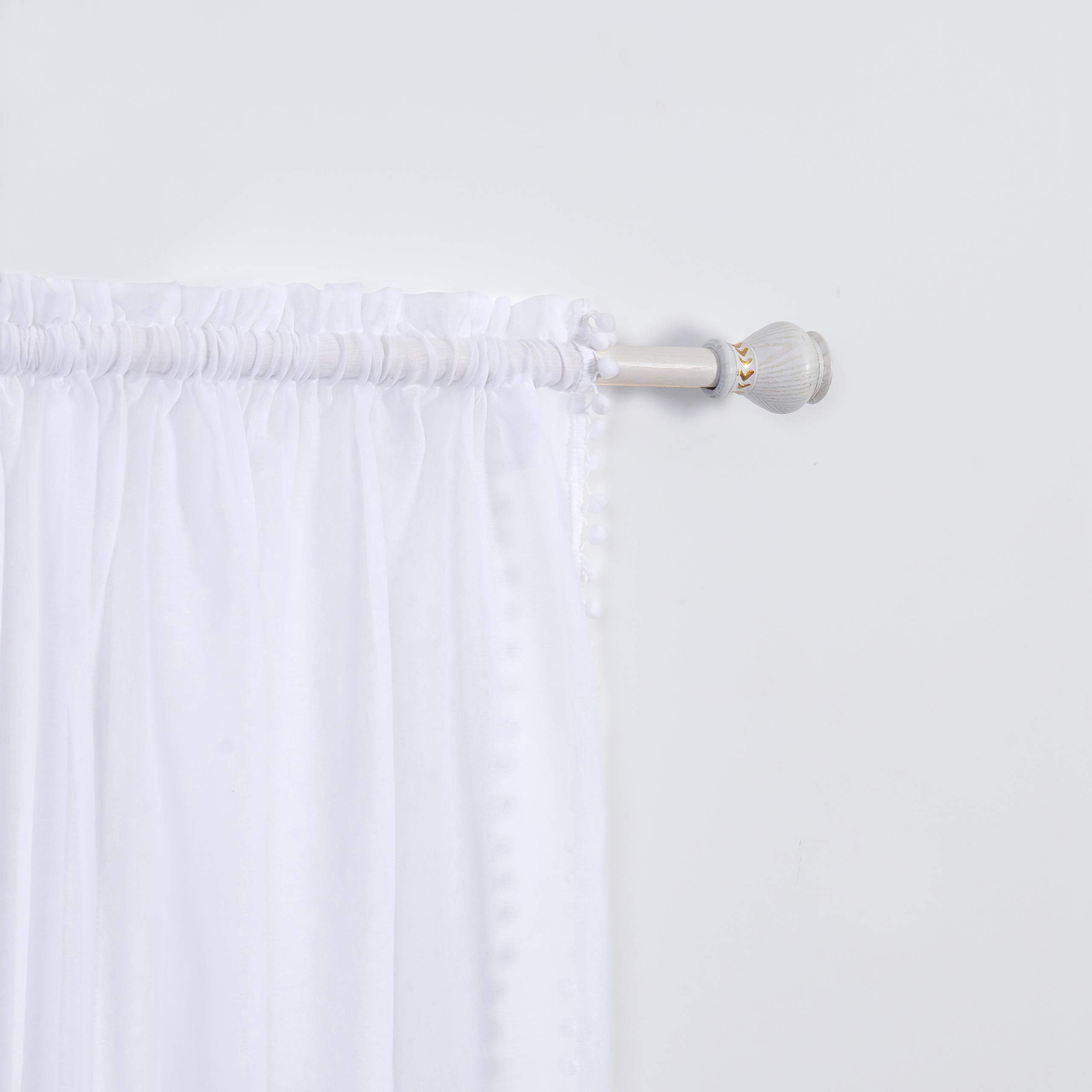 Elegant Comfort Semi-Sheer Pom Pom Tassels Curtains - 2 Panels Set - with 2inch Rod Pocket - Solid Sheer Curtain Drapes for Living Room, Bedroom, W60 X L84, White