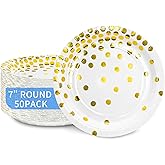 DYLIVeS White and Gold Paper Plates, 7 inch Metallic Foil Polka Dots Disposable Dessert Party Plates Cocktail Party Supplies Plates for Birthday, Bridal Shower, Easter, Graduation Party, 50 Pack