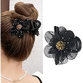 Black Hair Claw Clips with Rhinestone Flower Hair Claw Clip for Women Gold Rhinestone Hair Clips French Hair Barrettes Elegant Jaw Clips Meduim Claws for Thick Thin Spring Floral Hair Accessories 1Pcs