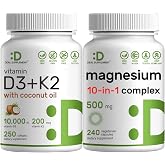 DEAL SUPPLEMENT Vitamin D3 10,000iu + K2 200mcg Softgels &amp; Magnesium Complex Veggie Capsules Bundle &ndash; Essential Sunshine Vitamins with Coconut Oil &ndash; High Absorption Chelated Minerals, 10-in-1