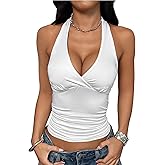 ZAFUL Women's Halter Crop Tank Tops Y2k V Neck Sleeveless Cami Tops Ruched Slim Fit Going Out Top