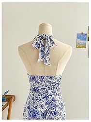 BEAUDRM Women's Floral Print Sleeveless Halter Deep