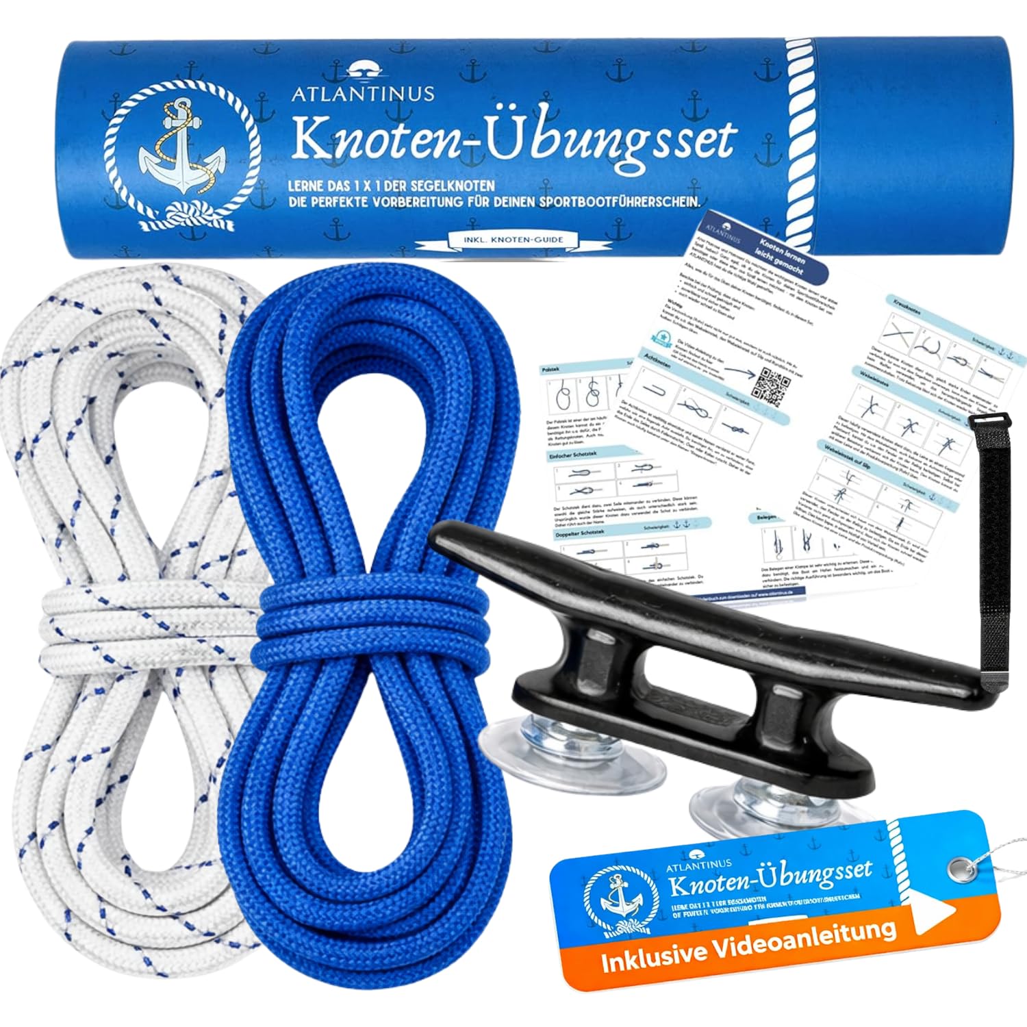 Knot Exercise Set for the Sport Boat Driving Licence See Binnen SBF with Video Instructions - Includes 2 x Ropes, Cleat with Suction Cups, Strap & Knot Instructions on Paper and Video