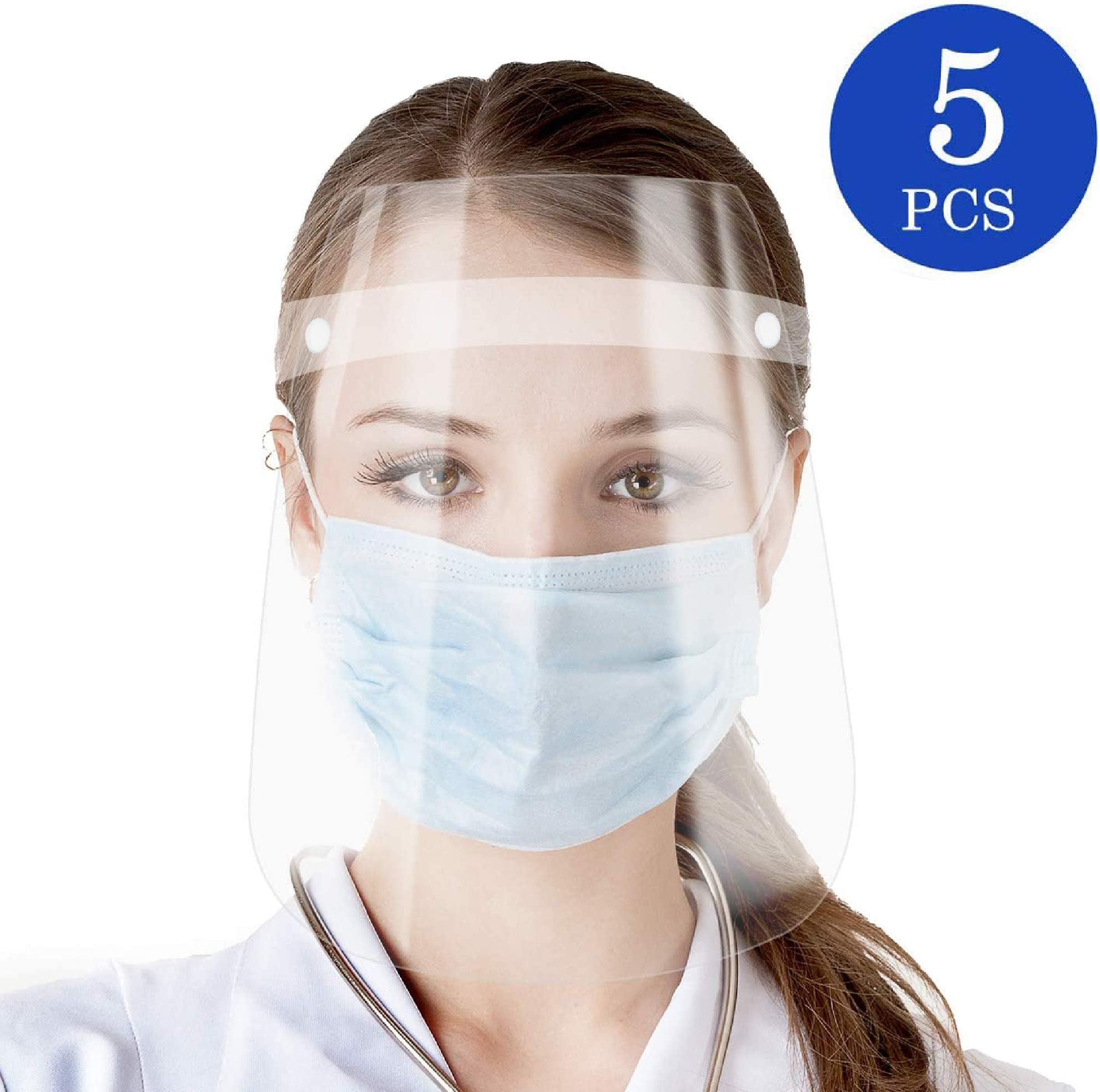 5 Pack Adjustable Face Shield with Protective Clear Film Elastic Band