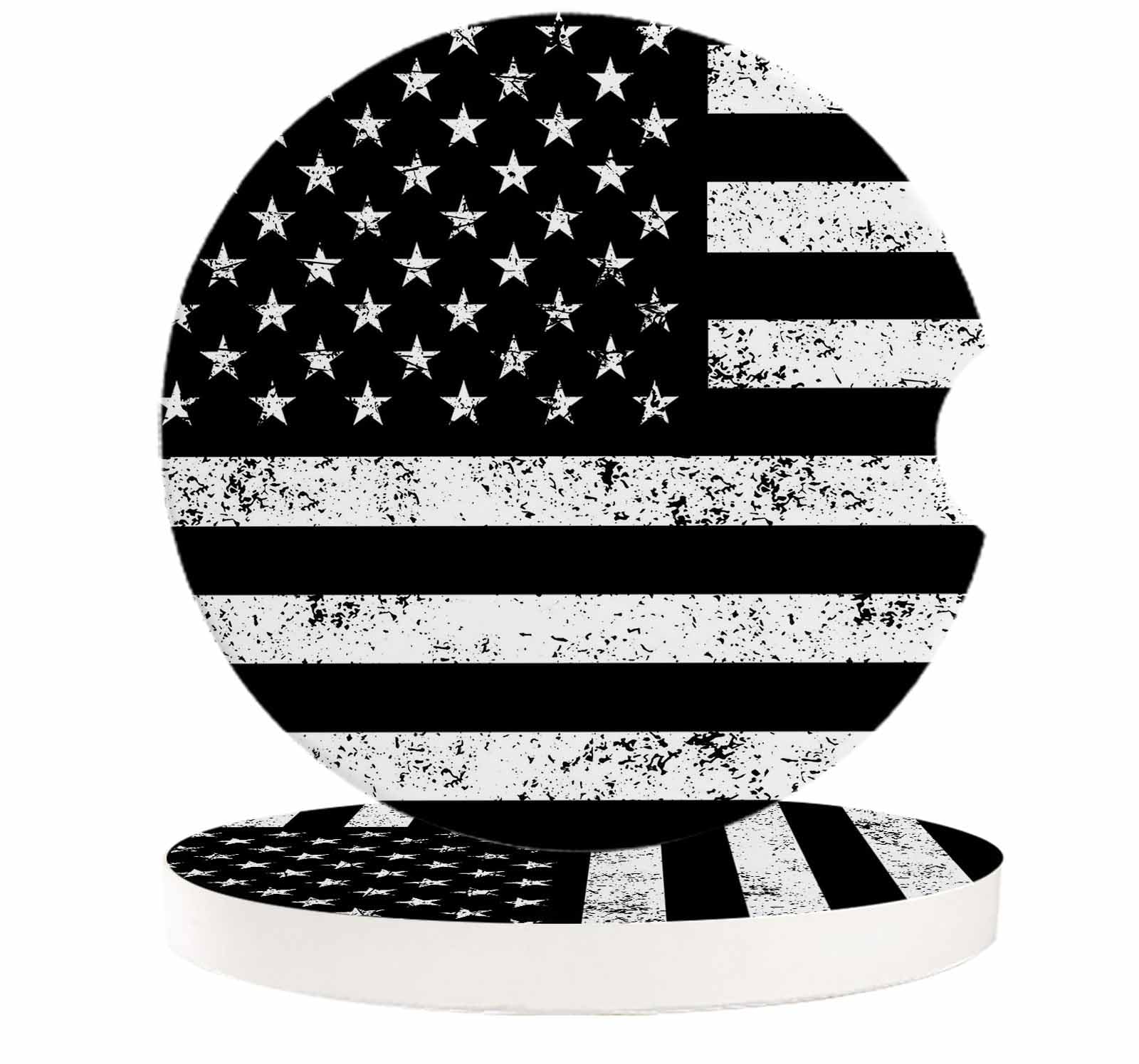 Cup Holders Car Coasters for Women/Men - 2 Pack Absorbent Ceramic Stone Drinks Coaster Set, American US Flag Patriotic Black