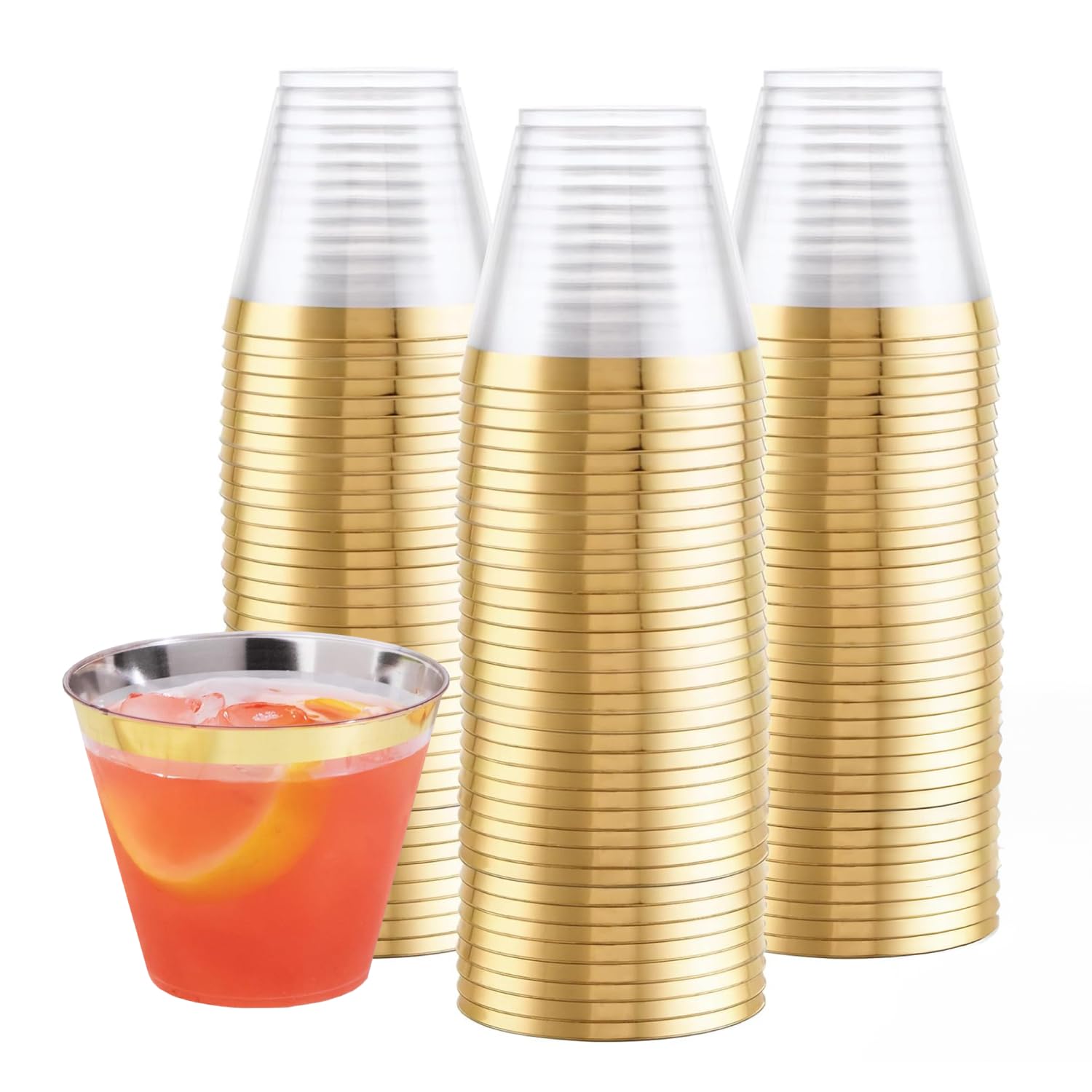 Photo 1 of Prestee 100-Pack 9oz Gold Rimmed Plastic Cups Disposable Wine Glasses for Charcuterie, Weddings, Parties, and Events - Elegant Cocktail and Drinking Cups for Champagne, Martini, and Mocktails