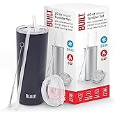 BUILT Double Walled Stainless Steel Tumbler Set with Replacement Lid, 2 Reusable Tritan Wire Straw Cleaning Brush in Gift Box, 20-ounces, Inkwell