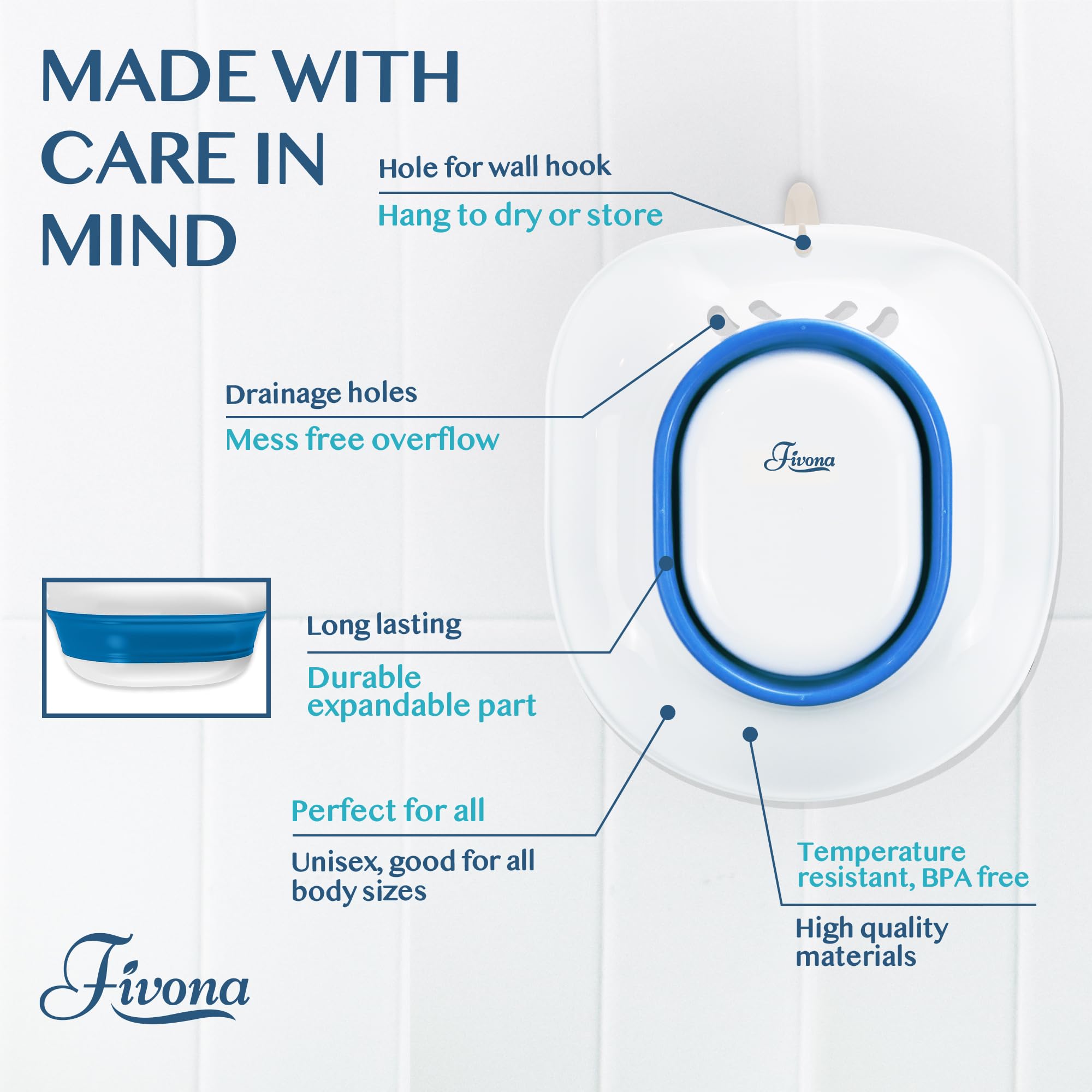 Fivona Sitz Bath for Toilet Seat Postpartum and Hemorrhoids Care - Yoni Steam Seat - Foldable Basin for Epsom Salt Soak - Portable Bidet BPA Free Temperature Resistant - Universal Fit - Blue