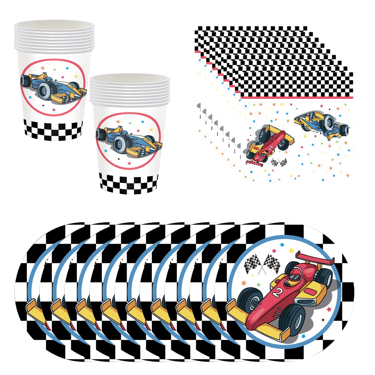 BlinBlin Racing Car Tableware, Car Theme Party Dinnerware Plates, Napkins Reusable Paper Dinner Dessert Cake Plates Kit, Party Decoration, Serves 16 Guests