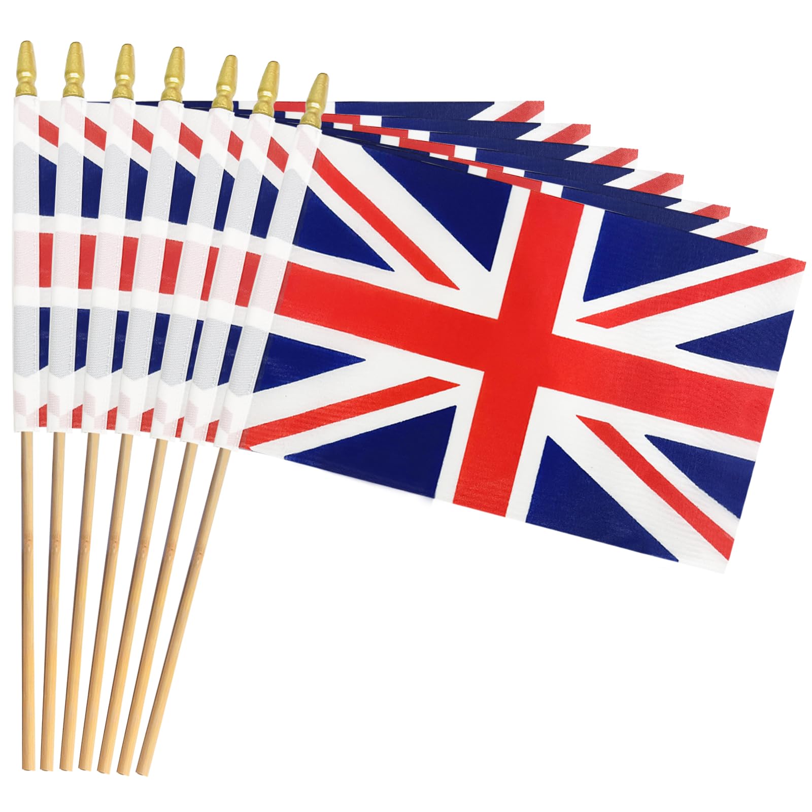 Photo 1 of Pack of 20 Handheld UK Flags 5x8 Inch, Small British Union Jack Flag on Wood Sticks with Gold Spear Top, Mini UK Flags for Parades, British National Day, International Event, and Patriotic Decorations