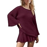 LAMISSCHE Womens Lounge Set Oversized 2 Piece Sweater Skirt Sets Long Sleeve Knit Top Pleated Skirts