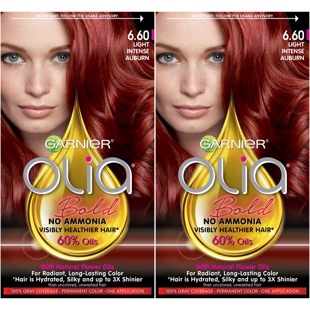 Garnier Olia Bold Oil Powered Permanent Hair Color, 6.60 Light Intense Auburn, (Packaging May Vary), 2 Pack