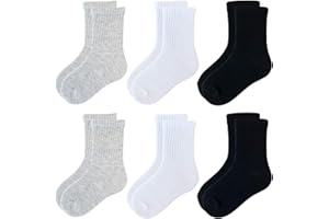 JAMEGIO Boys Crew Socks 6 Pairs White Cotton Athletic Socks for Toddlers Boys Girls