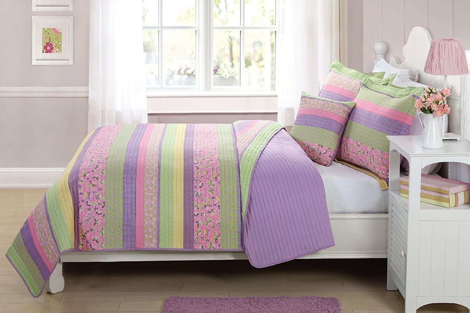 Elegant Home Multicolor Purple Yellow Green Pink Fun Striped with Butterflies Printed Reversible Cozy Colorful 3 Piece Twin Size Quilt Bedspread Set with Decorative Pillow for Kids/Girls (Twin)