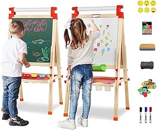 Joyooss Staffelei aus Holz mit Papierrolle, Magnetische Doppelseitige Chalkboard und Whiteboard, Höhenverstellbare Standtafel 93-127cm, Kreidetafel und Spieltafel für 3-12 Jahre Kinder