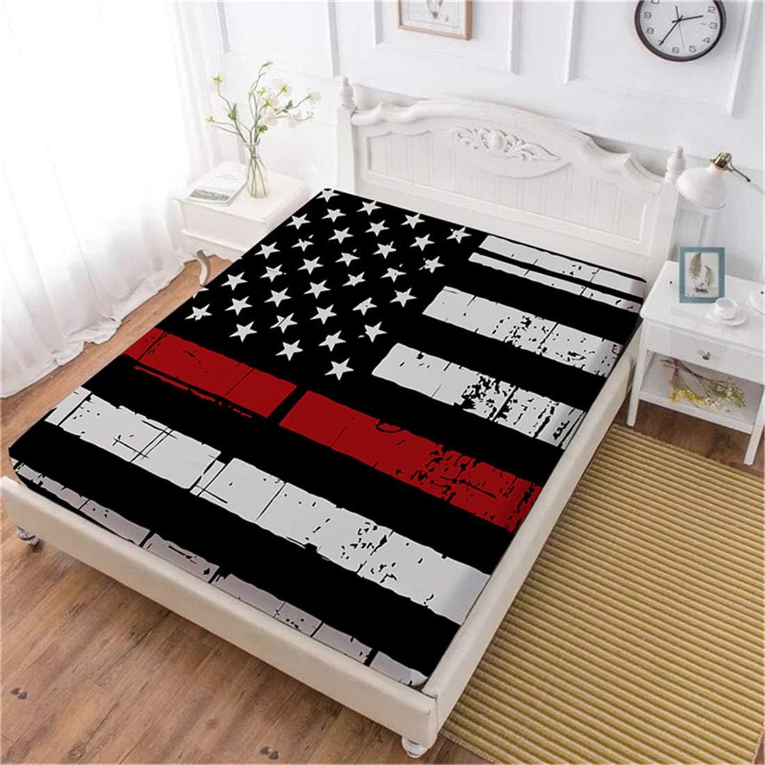 Oliven Fitted Sheet Twin Size Red Black American Flag Printed Breathable Bed Sheet 1 Piece Deep Pocket Sheet