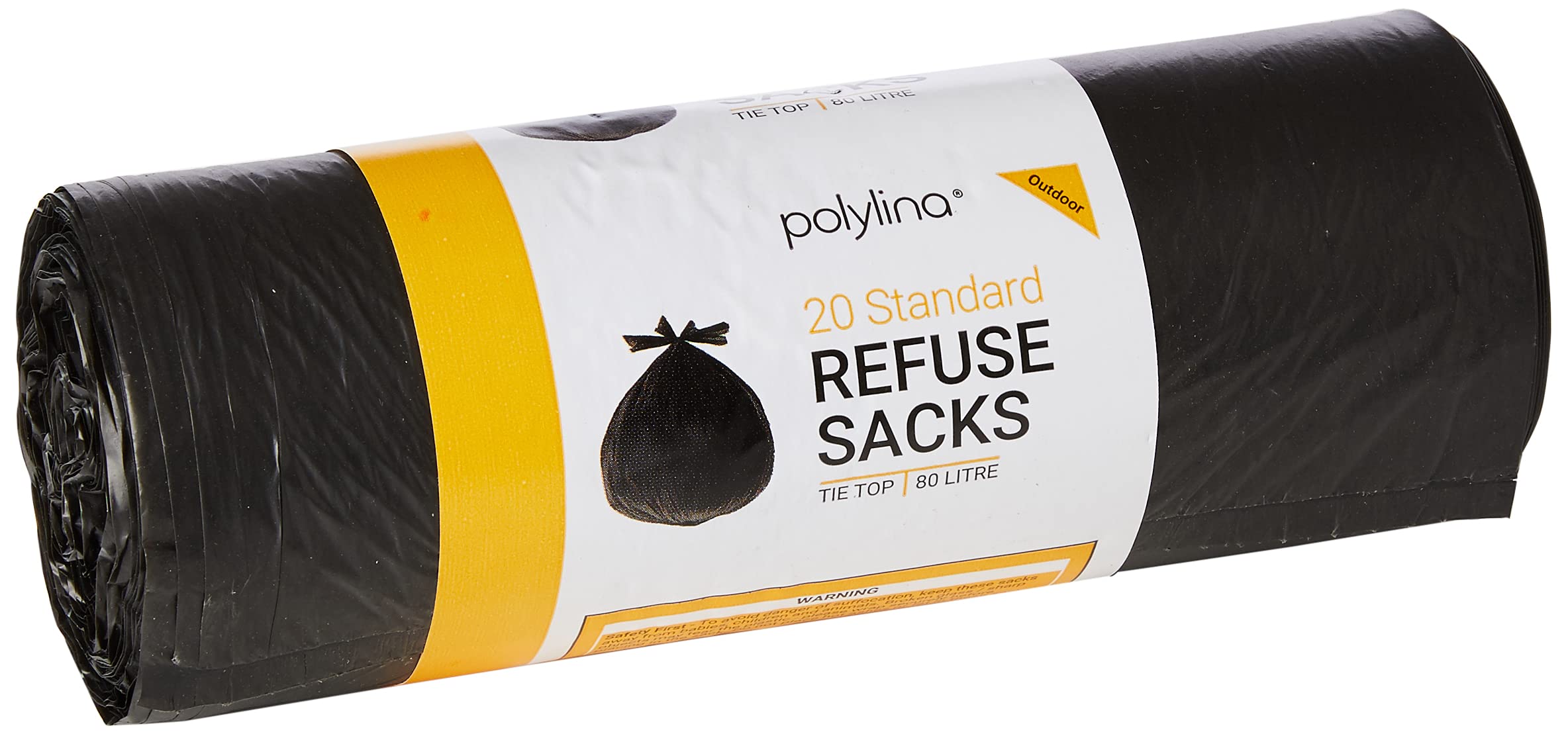 Polylina 20 Tie Top Refuse Sacks Bin Bags, Recycled Plastic, Black, 80 Litre