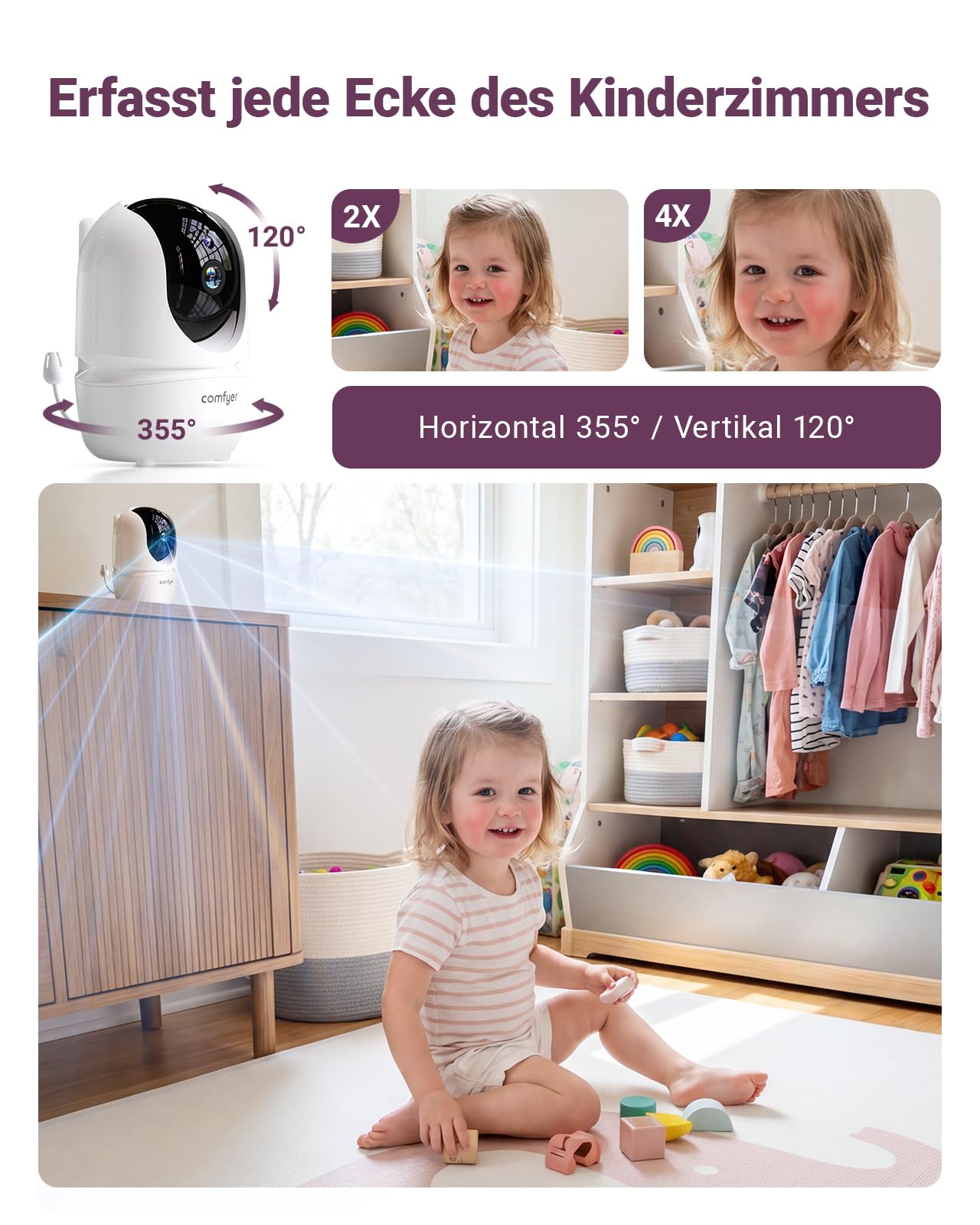 Comfyer BM01 Split-Screen Babyphone mit 2 Kameras, 7" HD 720P ohne WLAN mit Halterung, IR-Nachtsicht VOX-Modus mit Sound-Alarm 2-Wege-Audio 6000mAh 300M Reichweite Videoüberwachungsgerät 5