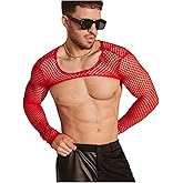 WDIRARA Men's Fishnet Sheer Mesh Long Sleeve T-Shirt Crop Top Slim Fit Party Tee Tops