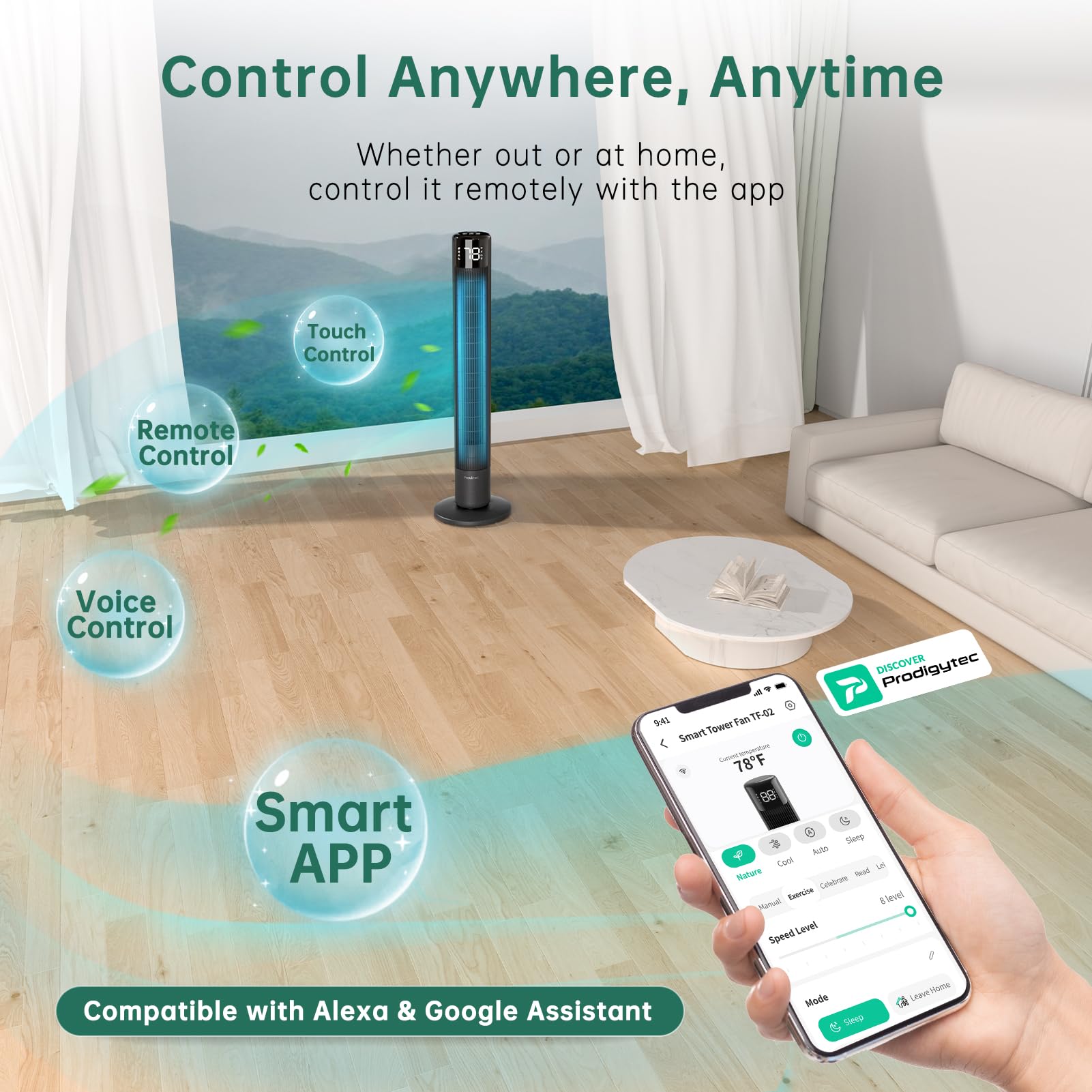 Provirtec Tower Fan for Bedroom 43 inch with 120° Oscillating Quiet Cooling Tower Fan for Home, Stand up Fan with Remote & APP, Smart Floor Fan with 8 Speeds, Cooling Fan for Office/Living Room