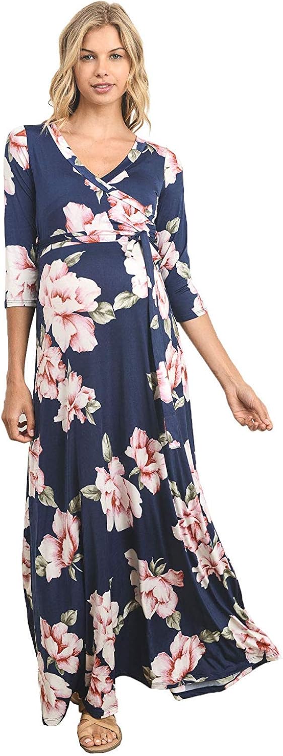 HELLO MIZ Women's Faux Wrap Maxi Maternity Dress with Belt - Made in USA at  Women’s Clothing store
