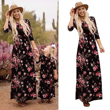 Mutter und Tochter Familie passende Outfits Floral Langarm Kleid Casual Maxi Dress (Color : For mom, Size : XXL)