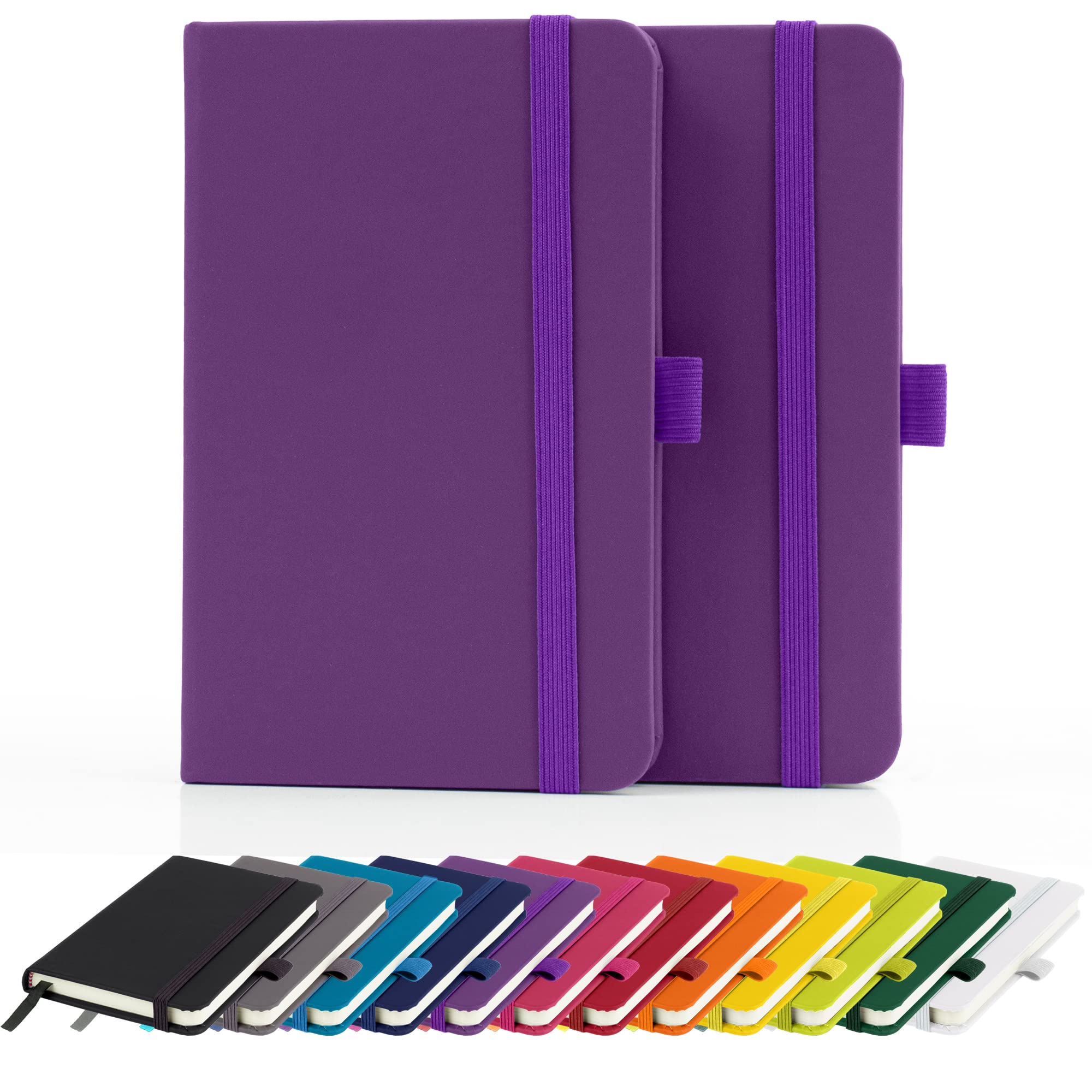 Savvy Bee 2 x Notebooks, Double Pack A6 Notebook New Lined Pocket Hardback Small Journal with pen loop, elastic closure and ribbon marker 196 pages / 98 sheets Notepad Notes Pad (Purple)