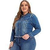 Agnes Orinda Women's Plus Size Classic Washed Front Frayed Denim Jacket