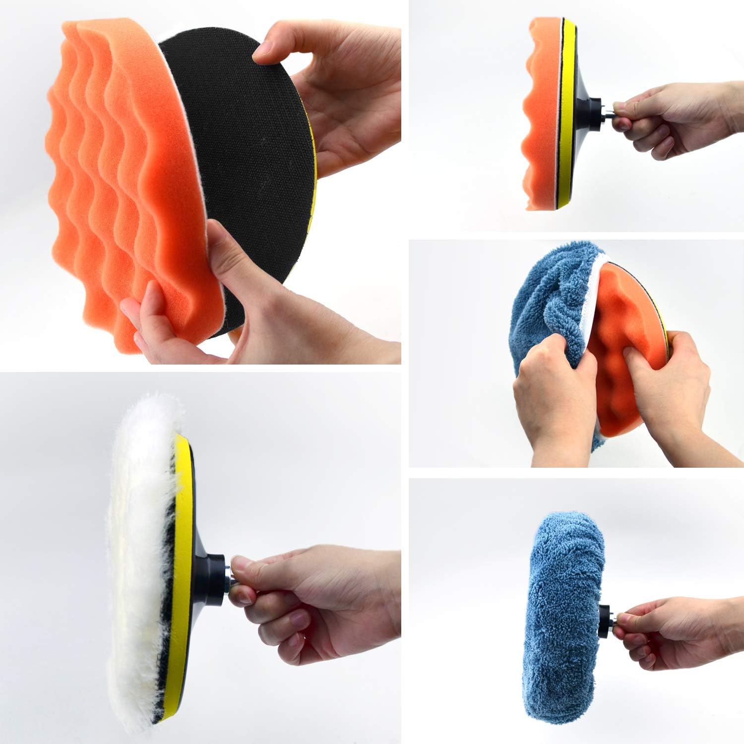 7 Inch Polishing Pads Kit Car Foam Sponge Pads Wool Bonnet Pads with 5/8-11 Thread Backing Pads & 8mm Adapters for Polisher & Electric Drill Auto Body Repair Pad for Waxing Buffing Sealing Glaze,13PCS: Automotive