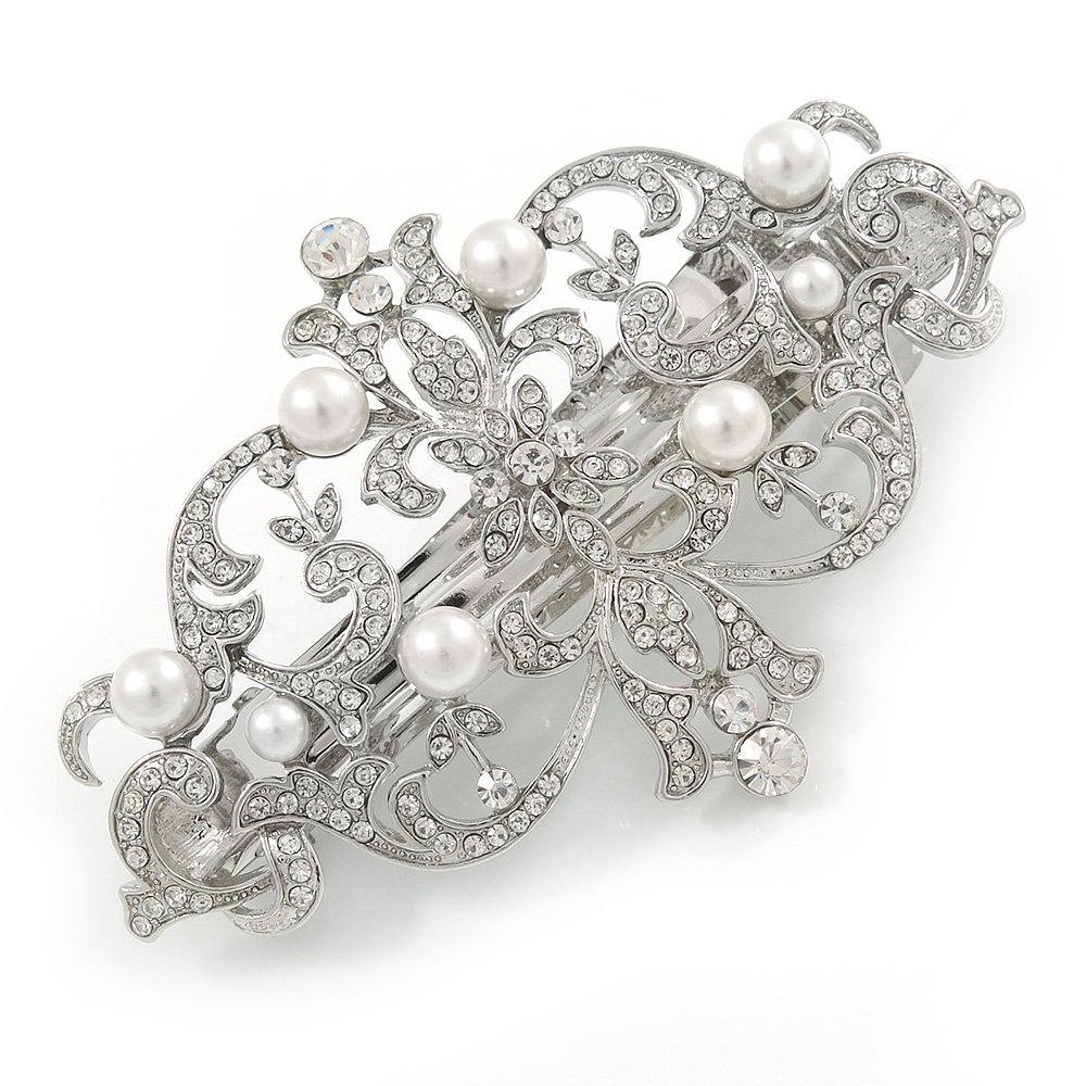 Bridal/Prom Rhodium Plated Open Cut Clear Crystal, White Glass Pearl Barrette Hair Clip Grip - 85mm Across