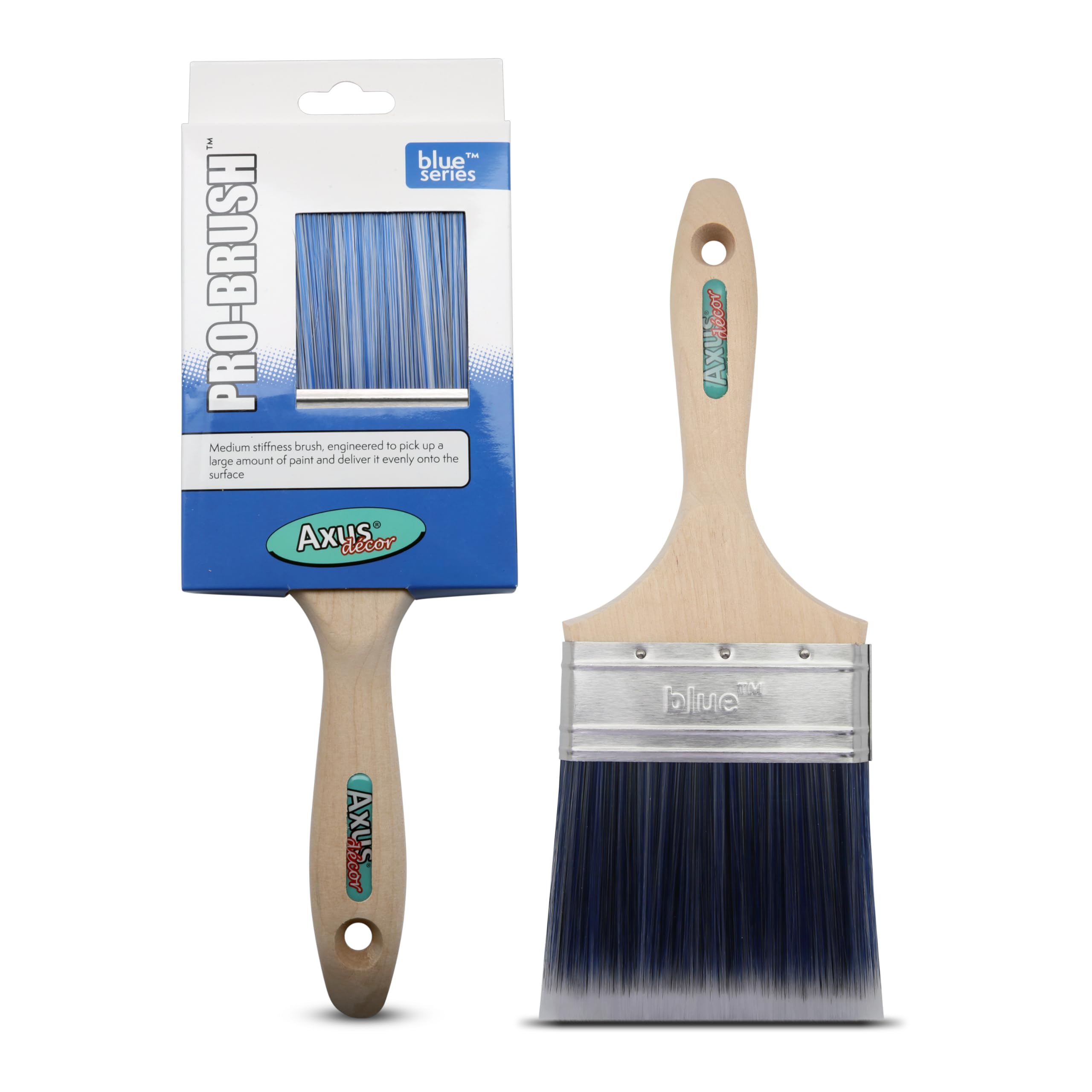 Axus Decor Pro Paint Brush (Blue Color) - 4"/100mm - For All Paints, Synthetic Bristle Filaments, Beavertail Wooden Handles, Rust-Resistant Stainless Steel