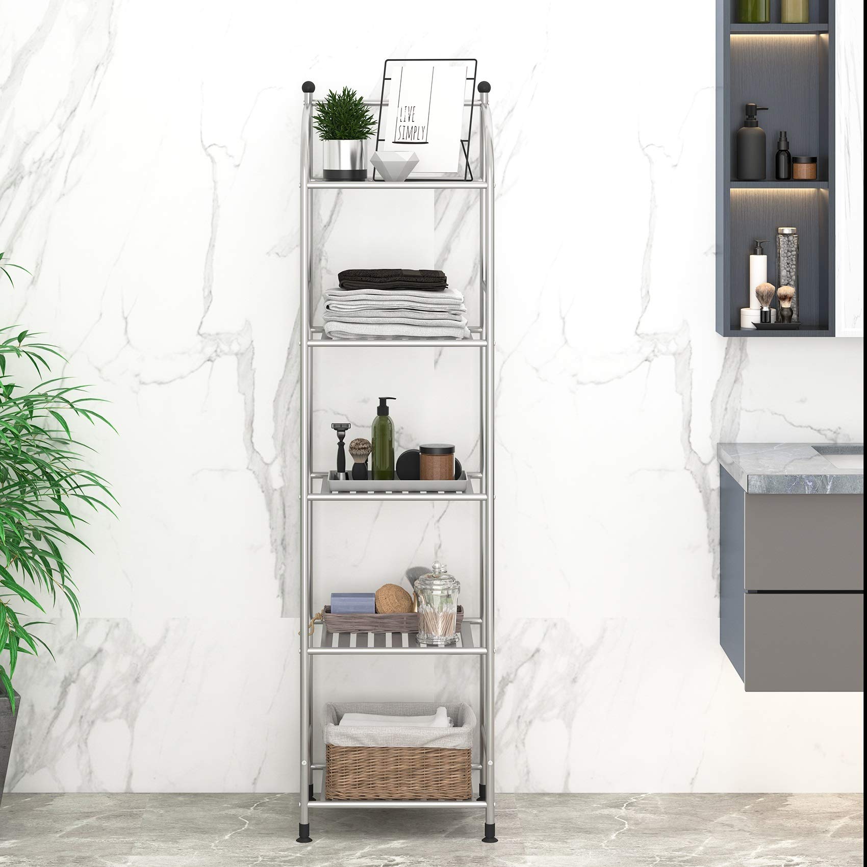 FKUO 5 Tier Bathroom Storage Open Shelf Unit, Free-Standing Metal Corner Rack Shelving for Kitchen, Living Room, Hallway (Silver Gray, 5 Tier)