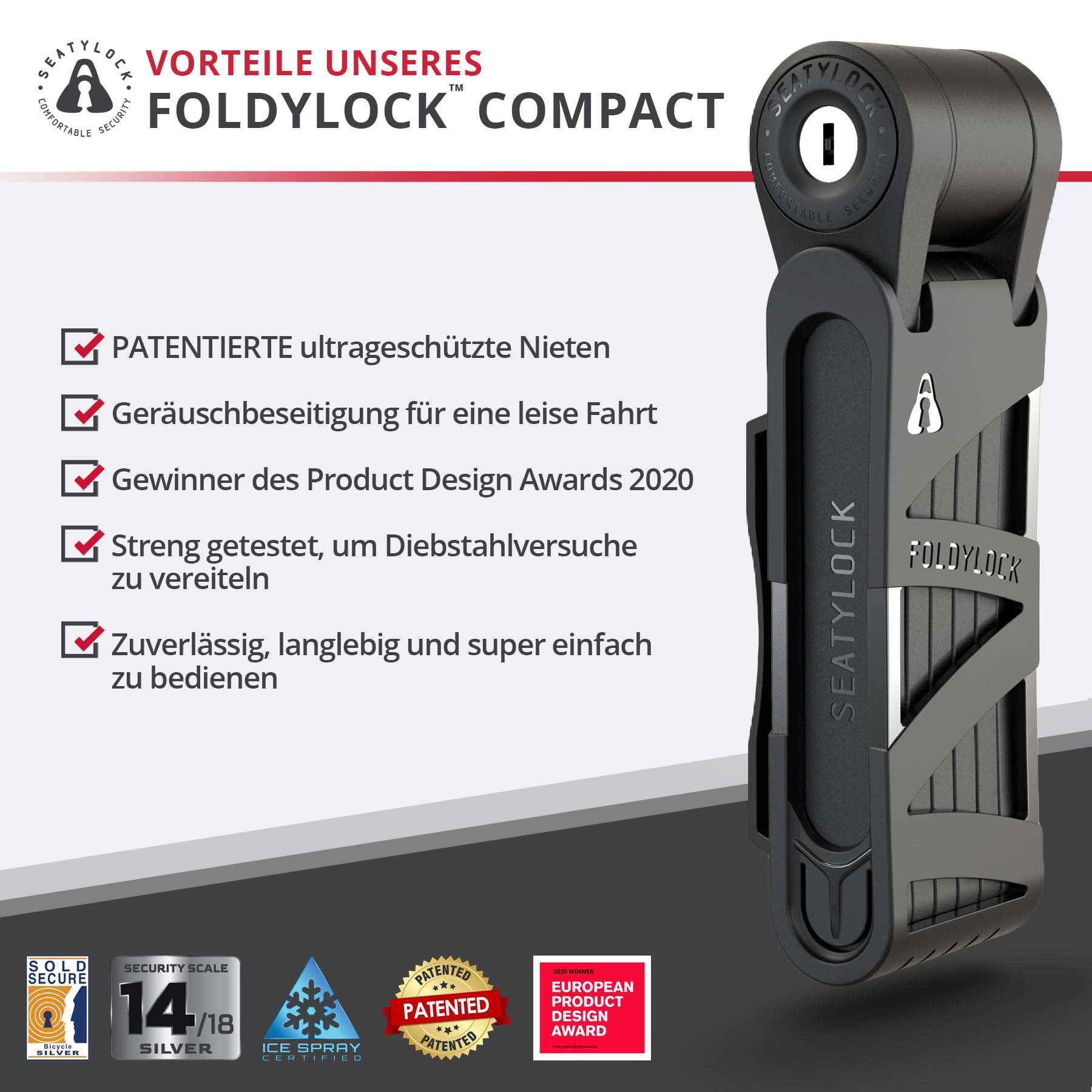 FoldyLock Compact Fahrrad Faltschloss – Patentiertes Testsieger Fahrradschloss mit Schlüssel und Halterung für Hohe Sicherheit – Leicht und Sicher für Ebike, e Scooter und Roller – 85 cm 2