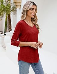 Sherosa Womens 3/4 Sleeve Tops Casual Cotton V Neck