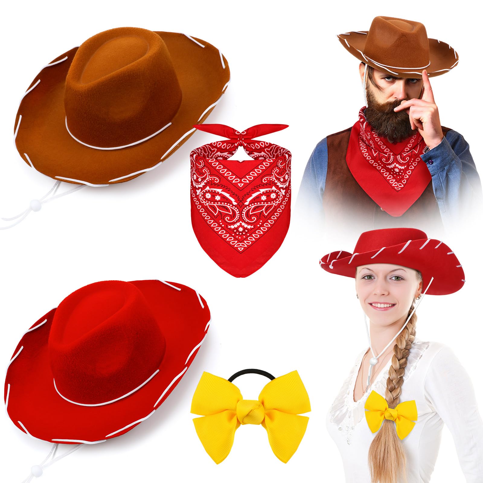 Photo 1 of Hercicy 4 Pcs Adult Cowgirl Cowboy Hats Bow Bandana Classic Cartoon Movie Costume Western Costume Accessories for Adult Halloween Cowboy Cosplay